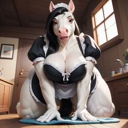 ai_generated all_fours big_breasts black_hair breasts clothing curvy_figure director_homer_26 equid equine female furry furry_female furry_only hair hi_res horse looking_at_viewer low-angle_view maid_uniform mammal solo thick_thighs uniform voluptuous voluptuous_female white_body wide_hips