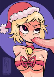 1boy1girl bell black_eyes blonde_hair burnednymph christmas christmas_hat christmas_headwear fellatio female heart-shaped_pupils lisa_miller male nude nude_female oral partial_male penis ribbon scott_pilgrim short_blonde_hair short_hair