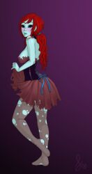 blizzard_entertainment blue_skin blush breasts corset female liefje long_hair nipples purple_background red_hair simple_background tattered_clothing undead undead_(warcraft) warcraft world_of_warcraft