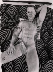 1boy bed_buddy birthday_suit cock_out dick hairy_male hand_drawn handdrawn handdrawn_art laying_on_bed male male_only monochrome naked naked_male ne0n_13 nude nude_male pencil pencil_(artwork) pencil_sketch penis self_upload sketch sketches_by_adab solo tattoo_on_chest