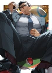 2d 2d_(artwork) absol_(dkqthf) bara between_thighs brown_socks bulge bulge_through_clothing bulge_under_clothes business_man business_suit clothed clothed_male clothing color daddy dilf fully_clothed fully_clothed_male graying grey_streaks greying_hair larry_(pokemon) looking_at_viewer low-angle_view male male_focus male_only manly mature_male muscular_male muscular_thighs nintendo no_sex onigiri pokeball pokemon pokemon_(species) pokemon_sv salaryman sheer_socks slacks solo_focus spread_legs spread_thighs suggestive_look suggestive_pose suit_and_tie sweatdrop tight_clothing tired_eyes veiny_hands