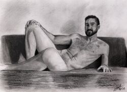 1boy bed_buddy birthday_suit drawing gay gay_male hairy_chest hairy_male hand_drawn handdrawn handdrawn_art laying_on_sofa male male_only monochrome pencil pencil_(artwork) pencil_sketch self_upload sketch sketches_by_adab solo talkflirtytomike