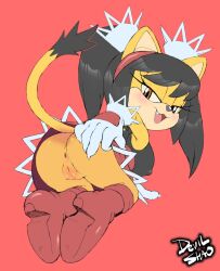 absurd_res accessory anthro anus ass bangs big_breasts black_hair blush breasts clothed clothing coolblue felid feline female flashing fur genitals gloves hair hair_accessory hairband handwear hi_res honey_the_cat kneeling mammal midmelt nipple_outline no_underwear orange_eyes pussy sega solo sonic_(series) sonic_the_fighters sonic_the_hedgehog_(series) twintails_(hairstyle) upskirt yellow_body yellow_fur