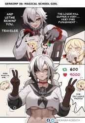 2girls 2koma abs aether_(genshin_impact) aether_(genshin_impact)_(cosplay) arlecchino_(genshin_impact) artist_name black_eyes black_hair black_sailor_collar blank_eyes blonde_hair choker comic cosplay double_v english_text flower genshin_impact hair_flower hair_ornament heart heart_choker highres instant_loss kinohara_kossuta long_hair long_sleeves lumine_(genshin_impact) meme multicolored_hair multiple_girls red_choker red_pupils sailor_collar school_uniform serafuku symbol-shaped_pupils trembling twintails twitter_strip_game_(meme) two-tone_hair v white_hair white_serafuku x-shaped_pupils yellow_eyes