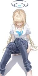 1girls 2d blonde_hair blue_archive blue_eyes blue_heart blush eyebrows_visible_through_hair eyes_visible_through_hair female female_only halo heart hidulume long_hair looking_down panties pants pants_down shirt simple_background sitting solo toki_(blue_archive) white_background white_panties white_shirt