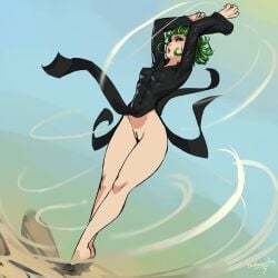 1girls arms_up black_dress dr_graevling dress dress_lift female female_only green_hair green_pubic_hair heels looking_at_viewer nipple_bulge no_panties one-punch_man pubic_hair pussy small_breasts solo tatsumaki wind_lift
