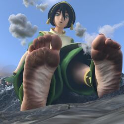 1boy 1girls 3d avatar_legends avatar_the_last_airbender barefoot black_hair blind blind_girl daz_studio dirty_feet earth_kingdom feet female female_focus foot_fetish foot_focus full_color fully_clothed giantess giga_giantess harbinger_(artist) light-skinned_female light_skin nickelodeon nicktoons no_penetration short_hair toph_bei_fong western_cartoon