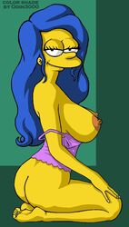 ass blue_hair bottomless breasts closed_mouth clothing color ears exposed_breasts eyes female female_only hair hair_down human kneeling long_hair looking_at_viewer marge_simpson mouth odin3000 open_eyes round_ears side_view skin smile solo the_simpsons yellow_skin