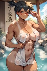 1girls ai_generated fit fit_female glasses kasumi_(pokemon) milf muscular_female onsen pokemon see-through smile smiling smiling_at_viewer standing tagme tanline towel towel_only wet wet_towel