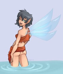 ass bathing blue_eyes crysta erect_nipples fairy female female_only ferngully looking_at_viewer looking_back sideboob skirt_lift solo tab tagme wings