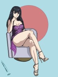 1girls artist_signature black_hair blue_eyes dress female female_only fully_clothed high_heels ironsiderodger kill_la_kill kiryuuin_satsuki legs legs_crossed light-skinned_female light_skin open_toe_shoes purple_dress short_dress sitting solo thighs