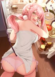 ass bare_arms bare_ass bare_butt bare_knees bare_shoulders bare_skin bare_thighs black_tail blush blush blush_lines blushing_female braid braided_hair breasts crown_braid demon_tail exposed exposed_arms exposed_ass exposed_butt exposed_legs exposed_shoulders exposed_thighs eyelashes eyes_visible_through_hair female fridge frilled_panties frills from_behind green_eyes green_eyes_female indoors kneeling long_eyelashes long_hair looking_at_viewer looking_back medium_breasts narushima_kanna no_pants open_mouth open_mouth_smile original original_art original_artwork original_character original_characters panties pink_hair pink_hair_female pink_panties pink_underwear pointy_ears refrigerator see-through side-tie_panties sideboob signature solo string_bra surprised tail tongue towel towel_around_waist towel_only underwear wavy_mouth white_towel wooden_floor