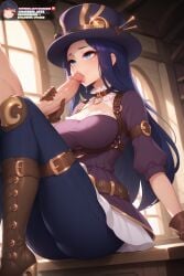 1boy 1girls 2024 ai_assisted ai_generated arcane blowjob blowjob_face blue_eyes blue_hair blush boots caitlyn_kiramman cheating cheating_female cheating_girlfriend clothed clothed_female clothed_female_nude_male clothes clothing edit edited edited_image female hat league_of_legends league_of_legends:_wild_rift long_hair male penis riot_games self_upload sitting stable_diffusion sucking sucking_penis tagme top_hat uncensored wardens watermark