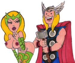 1boy 1girls amora_the_enchantress female hammer human human_only legacy1976 light-skinned_female light-skinned_male light_skin male marvel marvel_comics mjolnir straight tagme teasing thor_(marvel) thor_(series) weapon