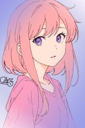 casn collarbone ear looking_at_viewer original_character pink_clothing pink_hair pink_hoodie purple_eyes self_upload signature simple_background simple_coloring simple_eyes simple_shading sketch