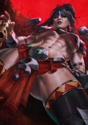 1girls absurd_res armor black_hair female female_only hades_(game) hades_2 long_hair looking_at_viewer monorirogue muscular muscular_female narrowed_eyes nemesis_(hades) purple_lipstick solo talking_to_viewer underboob viewed_from_below yellow_eyes