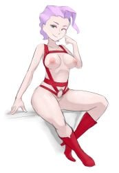 ass bondage_outfit boots breast breasts croix_meridies green_eyes little_witch_academia makeup maximumpingas nipples nude nude_female short_hair sitting thighs violet_hair white_background