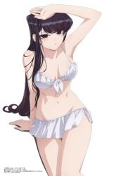 armpits bare_arms bare_belly bare_legs bare_shoulders bare_thighs belly_button big_breasts bikini bikini_skirt black_eyes black_hair blush breasts cleavage collarbone frilled_bikini hand_on_head komi-san_wa_komyushou_desu komi_shouko long_hair megami_magazine official_art open_mouth thighs white_bikini