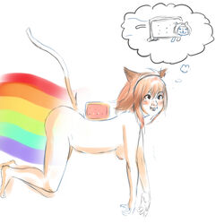 1girls 2011 2d 2d_(artwork) completely_nude completely_nude_female cosplay ears_outwards flying imagining medium_breasts meme naked naked_female nyan_cat orange_hair rainbow solo stupid_looking tagme tail tail_up white_background