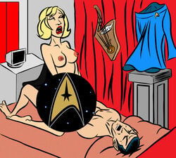 alien blue_shirt breasts censored christine_chapel collarbone female human humanoid legacy1976 male nipples nude on_bed open_mouth pointy_ears quarters riding spock star_trek star_trek_the_original_series starfleet_insignia starfleet_uniform tagme vulcan_(species)