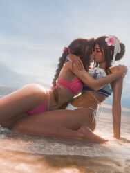 2girls 3d aerith_gainsborough aerith_gainsborough_(pink_mermaid) arm_support beach bikini black_hair blender blush braid brown_hair closed_eyes female female_only final_fantasy final_fantasy_vii final_fantasy_vii_rebirth final_fantasy_vii_remake fit_female flower_in_hair hair_ornament highres kissing large_breasts long_hair love medium_breasts navel ocean outdoors pink_bikini ria-neearts sand side-tie_bikini sidelocks single_braid single_hair_bun sky square_enix summer tied_hair tifa_lockhart tifa_lockhart_(shining_spirit) wariza water wet_skin white_bikini yuri