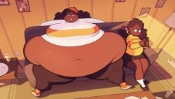 2girls annoyed belly belly_bulge belly_button big_belly big_sister black_hair black_women citry_(ridiculouscake) couch couch_sitting glaring glaring_at_another immobile little_sister morbidly_obese morbidly_obese_female piper_(ridiculouscake) ridiculouscake sisters slob thanksgiving