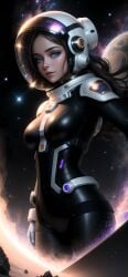 ai_generated blue_eyes breasts brown_hair clothed detailed_background futuristic highres long_hair looking_at_viewer medium_breasts original_character phone_wallpaper planet seductive_look space spacesuit stars wallpaper