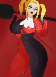 1girls artist_name blonde_hair blue_eyes bodysuit breasts dc dc_comics dyed_hair female female_only harley_quinn solo tfa_(artist) thick thick_thighs tight_clothing twintails wide_hips