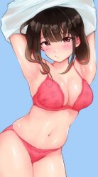 1girls armpits bare_arms bare_belly bare_chest bare_midriff bare_shoulders bare_skin bare_thighs belly belly_button blue_background blush blush blush_lines blushing_at_viewer blushing_female bra breasts breasts brown_eyebrows brown_hair brown_hair_female cleavage dot_nose exposed exposed_armpits exposed_arms exposed_belly exposed_midriff exposed_shoulders exposed_thighs exposed_torso female female_focus female_only groin head_tilt high_resolution highres hourglass_figure legs light-skinned_female light_skin long_hair looking_at_viewer medium_breasts mole mole_under_eye naked naked_female navel nude nude_female original original_art original_artwork original_character original_characters panties pink_bra pink_panties pink_underwear pussy red_eyes red_eyes_female sak1023 shiny_skin shirt shoulders sideboob simple_background slender_body slender_waist slim_girl slim_waist solo standing thick_thighs thighs thin_waist tilted_head underwear undressing upper_body v-line white_shirt wide_hips