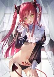 1girls ass_visible_through_thighs bare_legs black_panties blush demon_girl demon_tail female female_only green_eyes groin head_tilt horns kitagawa_marin looking_at_viewer maid navel oz-xy panties pointy_ears pubic_tattoo red_hair rizu-kyun rizu-kyun_(cosplay) solo sono_bisque_doll_wa_koi_wo_suru spread_legs succubus succubus_tattoo tail tattoo twintails underwear