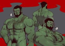 1boy abs absurdres back_hair bara beard colored_skin commentary cowboy_shot crossed_arms english_commentary facial_hair flaccid frown full_beard green_skin guppo13 hairy highres large_pectorals looking_at_viewer male_focus male_only male_pubic_hair mature_male monster_boy multiple_views muscular muscular_male navel navel_hair nipples orc original out-of-frame_censoring pectorals penis penis_peek pointy_ears pubic_hair puff_of_air standing stomach strongman_waist thick_arm_hair thick_beard thick_chest_hair thick_eyebrows thick_navel_hair tusks very_hairy