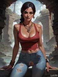 1girls ai_generated belly belly_button chloe_frazer cleavage explicit jeans jewelry lokiai naughty_dog necklace partially_clothed pubic_hair pussy red_clothing red_tank_top ripped_clothing ripped_clothing ripped_jeans ruins seductive sitting smirking stable_diffusion tank_top tanline tanned uncharted vagina watch wristwear