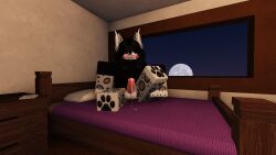 anthro bed blush bodily_fluids bottomless clothed clothing cum cum_drip dripping erection felid feline furniture genital_fluids hi_res hybrid male mammal night paws raised_paw robloxian shirt solo st4rrynixht topwear