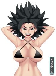 1girls armpits arms_behind_head artist_logo big_breasts bikini_top black_hair busty caulifla cleavage dragon_ball dragon_ball_super jckix_art light-skinned_female light_skin saiyan