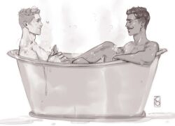 2boys artist_signature bara bath bathing bathing_together bathtub black_and_white bubbles colorless dark-skinned_male dark_hair dark_skin dorian_pavus dragon_age dragon_age_inquisition duo feet gay gay_male heart hearts_around_head human inquisitor_(dragon_age) kokoko-sir light-skinned_male light_hair light_skin looking_at_another looking_at_partner mage male male/male male_only monochrome nipples romantic rubbing_feet shirtless shirtless_male smile smiling video_games water wet wet_body yaoi