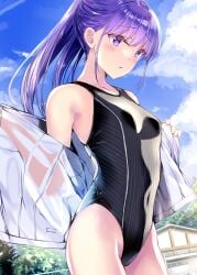 1girls black_one-piece_swimsuit black_swimsuit breasts clouds eyelashes fence highleg highleg_swimsuit kobayashi_chisato one-piece_swimsuit open_shirt original outdoors outside ponytail purple_eyes purple_hair shirt sky small_breasts swimsuit undressing wet wet_shirt white_shirt