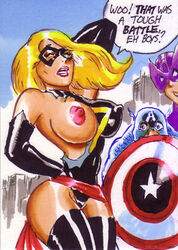 1girls areola avengers black_legwear blonde_hair blue_eyes breasts captain_america captain_america's_shield carol_danvers clint_barton closed_eyes clothed erect_nipples hawkeye joe_gravel leotard marvel mask ms._marvel ms._marvel_(carol_danvers) nipples steve_rogers torn_clothes