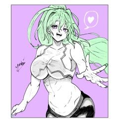 1girls artist_name big_breasts breasts busty female female_only green_hair green_heart heart highres large_breasts legs long_hair looking_at_viewer midriff navel neptunia_(series) open_mouth pants ponytail purple_eyes sideboob smile solo spoken_heart sports_bra teeth thighs tongue underboob voluptuous