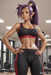 1girls ai_generated bosu_ai cameltoe dark-skinned_female earrings female female_only gym gym_uniform hands_on_hips jewelry midriff navel ponytail purple_hair shantae shantae_(character) solo sports_bra sportswear standing sweat sweating sweaty very_long_hair weights workout workout_clothes yoga_pants