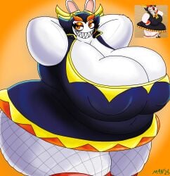 big_belly breasts dress female fishnet_clothing fishnets hyper hyper_breasts kanya_(mario_+_rabbids) looking_at_viewer m4n mammal narrowed_eyes obese obese_female overweight overweight_female rabbid rabbit reference_image sharp_teeth smile smiling thicc thick_thighs
