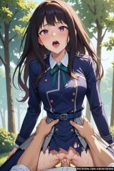 ai_generated ariavisions bangs black_hair cowgirl_position hip_grab inoue_takina lycoris_recoil moaning purple_eyes riding torn_clothes