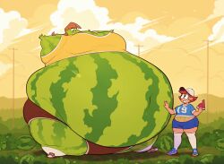 balloon_inflation bloated bloated_belly food_creature food_humanoid food_transformation friends inflation messy_(ridiculouscake) ridiculouscake sunny_(ridiculouscake) torn_clothes torn_clothing transformation watermelon watermelon_girl watermelon_humanoid what