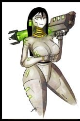 1girls alien alien_girl alien_humanoid black_hair earrings exhibitionism female female_only glowing glowing_eyes glowing_green glowing_green_eyes glowing_markings gun high_tech long_hair metallic_body naked necron plasma_blaster plasma_gun robot robot_girl robot_humanoid servant sexualyeti soldier solo solo_female warhammer_(franchise) warhammer_40k weapon weapon_over_shoulder