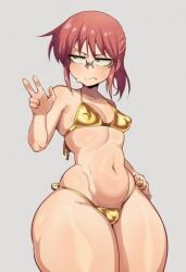 ai_generated annoyed annoyed_expression glasses goghkunn golden_bikini huge_hips kobayashi kobayashi-san_chi_no_maidragon looking_away micro_bikini miss_kobayashi's_dragon_maid peace_sign plump_thighs small_breasts sweat sweatdrop thick_thighs