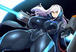 ai_generated bodysuit curvy female gun huge_breasts looking_at_viewer mullon novelai original_character plasma_gun sci-fi science_fiction spacesuit thick_thighs voluptuous voluptuous_female white_hair yellow_eyes