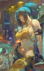 3girls abs absurd_res angel_(kof) arcade ass blue_eyes blue_hair breasts camo_clothing cleavage cutesexyrobutts dog_tags fatal_fury female female_abs female_only fit_female gloves king_of_fighters large_breasts leona_heidern long_hair looking_at_viewer mai_shiranui metal_slug multiple_girls muscular muscular_arms muscular_female ponytail sideboob snk tank_top