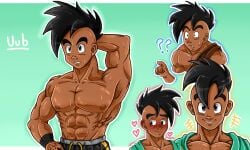 1boy abs black_eyes black_hair blush confused dark-skinned_male dark_skin dragon_ball dragon_ball_gt happy male male_only muscular muscular_male nipples smile solo solo_male sweat tagme uub