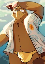 absurd_res animal_crossing anthro beach belly biped brown_body brown_fur bulge canid canine clothed clothing detailed_bulge digital_media_(artwork) fur hi_res male male_anthro male_only mammal nintendo overweight raccoon_dog simple_background solo tail tanuki thiagoefrancesco tom_nook topwear