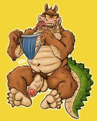 absurd_res activision animal_genitalia anthro anus ass balls bodily_fluids border brown_body bulge canid canine canis clothed clothing crash_(series) crocodile crocodile_tail crocodilian crocodylid dingo dingodile flushed genital_fluids genitals hi_res hybrid jockstrap looking_at_viewer male male/male male_only mammal musk penis precum reptile risuhiena scalie sheath slightly_chubby solo sweat text torn_clothing underwear