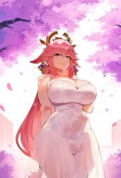 1futa ai_generated animal_ears blue_sky bouquet breasts bridal_veil bride cherry_blossoms cloud day dress earrings elbow_gloves erection erection_under_clothes eyebrows_visible_through_hair futa_bride futa_only futa_sans_pussy futanari genshin_impact gloves hoyoverse huge_breasts jewelry long_hair looking_at_viewer outdoors penis petals pink_hair purple_eyes rac3rrr racerai ring see-through sky smile solo testicles veil very_long_hair wedding_dress white_dress white_gloves yae_miko